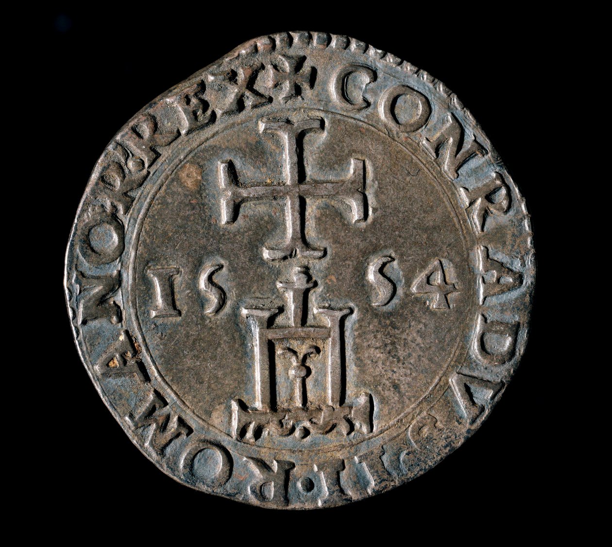 Währung der Republik Genua: silberner Teston (oder Testone) der Benediktion. Vorderseite mit Darstellung des Genua-Portals unter einem Kreuz. 1554 Genua, Musei di Strada Nuova von Italian School