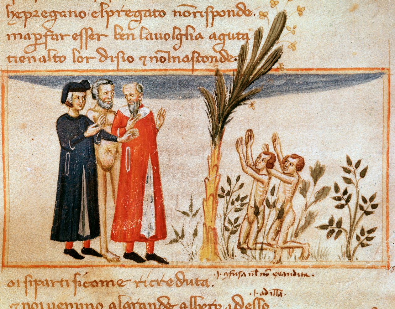 Dante und Vergil treffen Forese de Donati mit den Gefräßigen (Gesang 23 aus dem Fegefeuer, in der Göttlichen Komödie) - Miniatur von Italian School