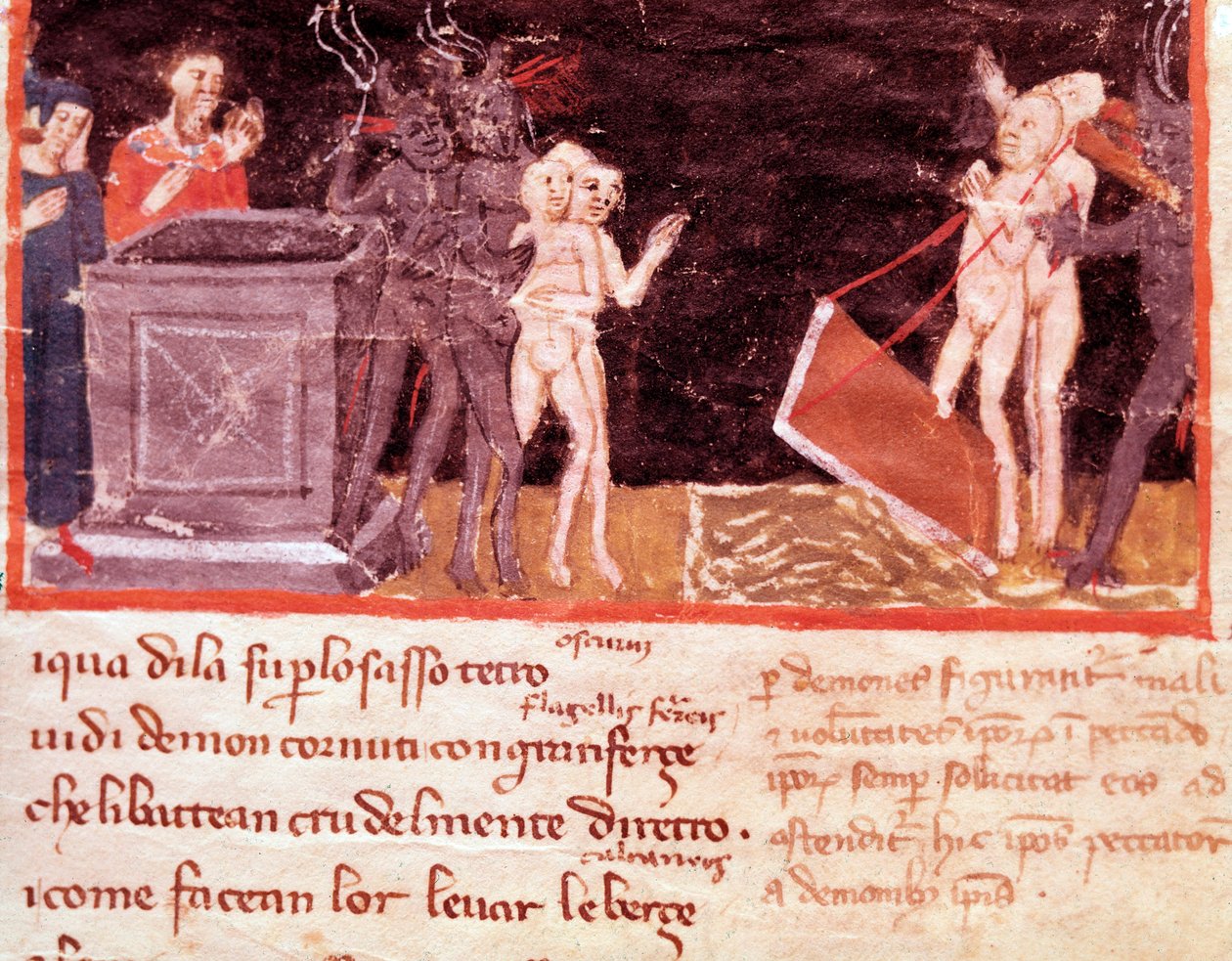 Dante und Virgil umgeben von den Zuhältern und Verführern (Gesang 18 aus der Hölle, in der Göttlichen Komödie) - Miniatur von Italian School