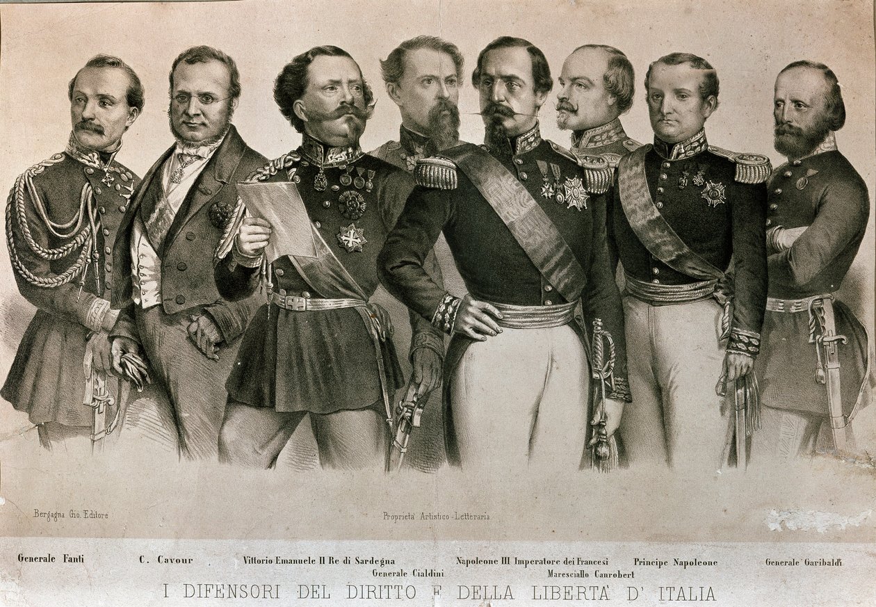 Verteidiger des Gesetzes und der Freiheit Italiens: von links nach rechts, General Manfredo Fanti (1806-1855), Camillo Benso, Graf von Cavour (1810-1861), König von Sardinien Vittorio Emanuele II (Victor Emmanuel), General Enrico Cialdini (1811-1892) von Italian School