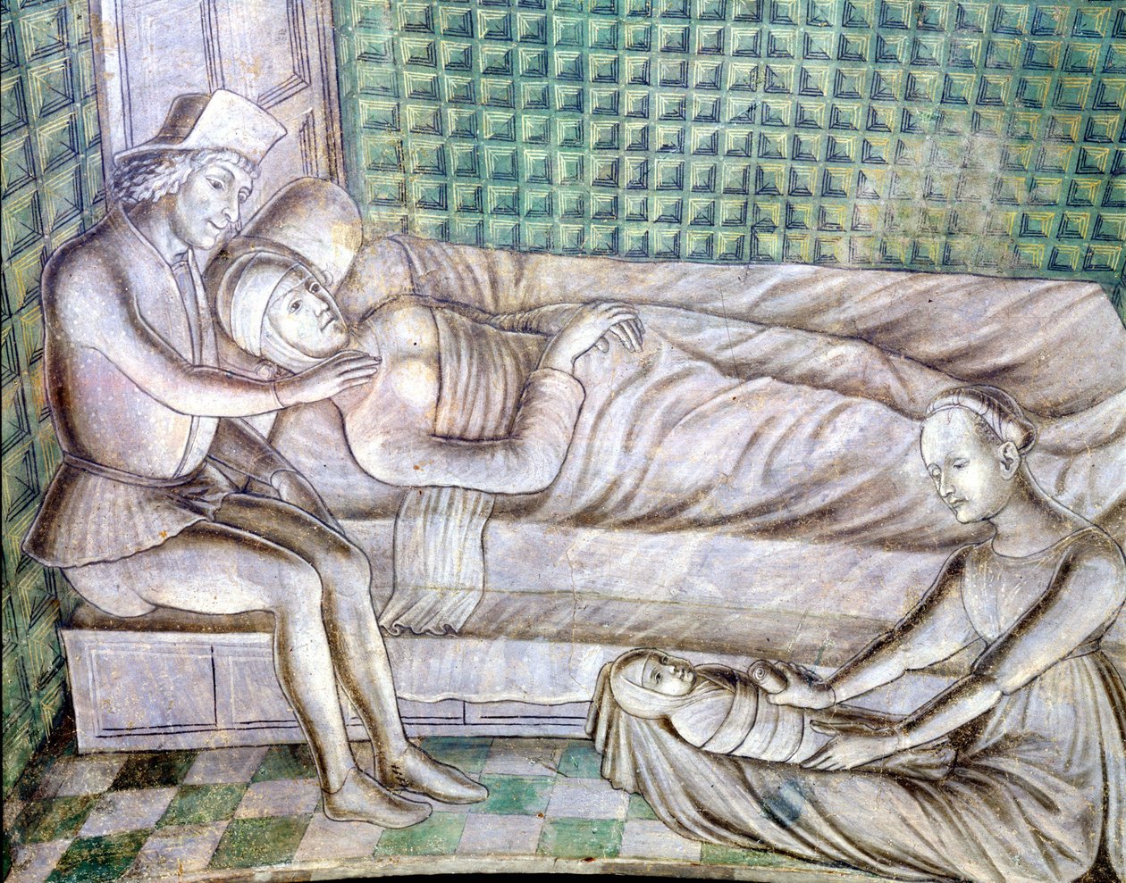 Detail eines Freskos der Burg Roccabianca in Parma aus dem Jahr 1480, heute im Castello Sforzesco in Mailand. Es stellt die Geschichte von Griselda dar, entnommen aus einer Kurzgeschichte aus Giovanni Boccaccios 