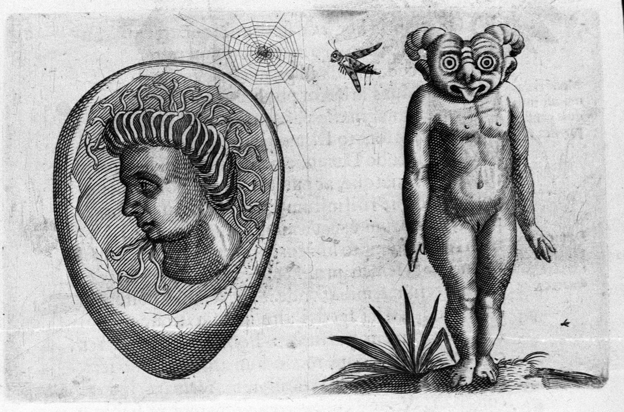 Verschiedene Arten von menschlichen Monstern: ein fossiler Mensch und ein Monster. Gravur aus „De monstrorum natura, causis et differentiis“ von Fortunio Liceti (1577-1656), italienischer Wissenschaftler. 1646 von Italian School