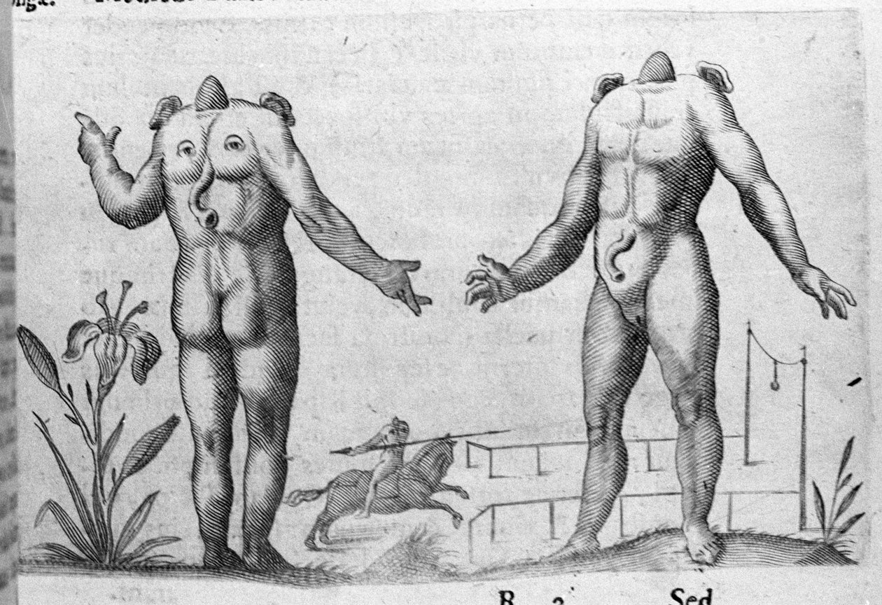 Verschiedene Arten von menschlichen Monstern: ein Mann ohne Kopf. Gravur aus „De monstrorum natura, causis et differentiis“ von Fortunio Liceti (1577-1656), italienischer Wissenschaftler. 1646 von Italian School