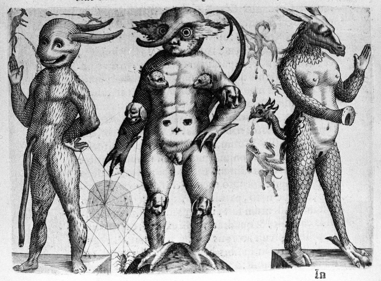 Verschiedene Arten von menschlichen Monstern mit halb menschlichen, halb tierischen Körpern. Gravur aus „De monstrorum natura, causis et differentiis“ von Fortunio Liceti (1577-1656), italienischer Wissenschaftler. 1646 von Italian School