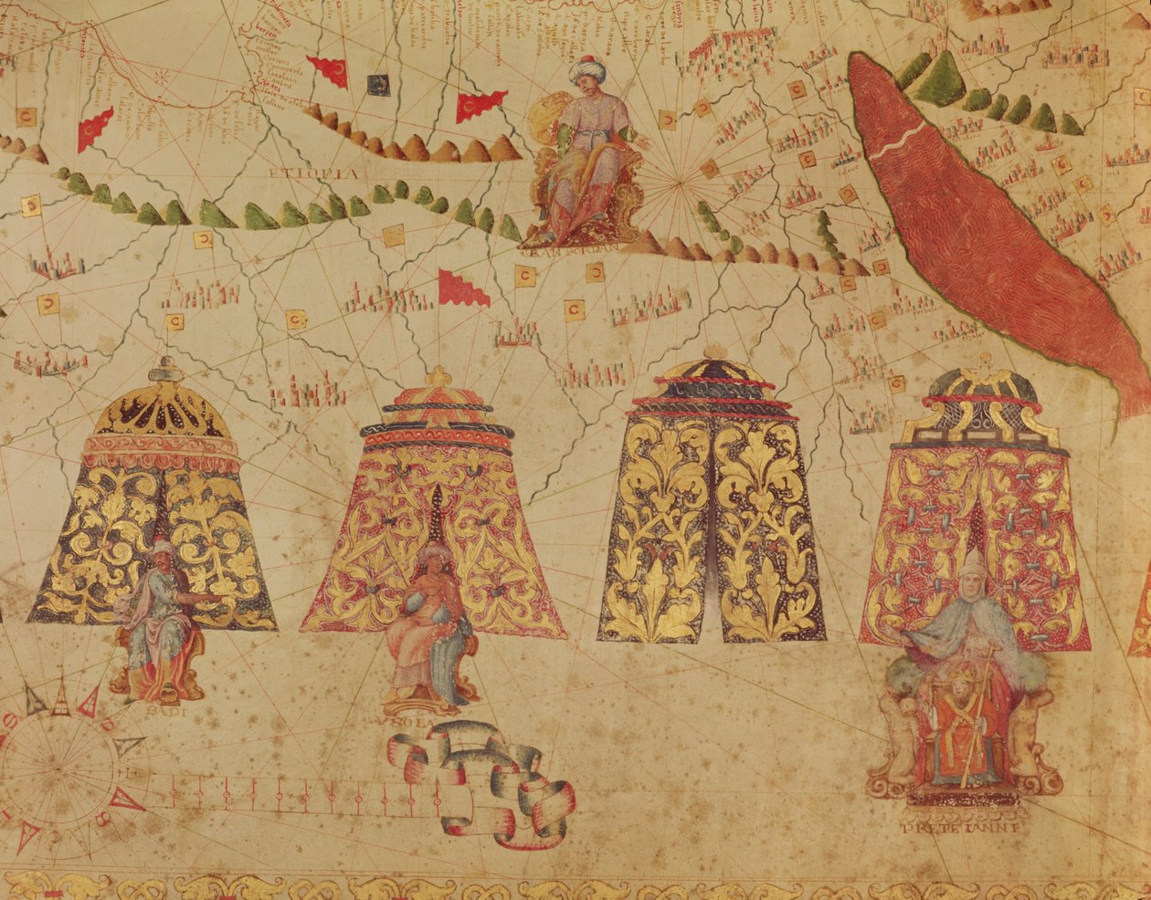 Ostafrika und das Rote Meer mit Prester John und den legendären Königen Afrikas, Detail aus einer Karte des Mittelmeers von Vesconte de Maggiolo, 1563 von Italian School