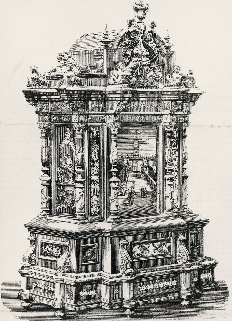 Ebenholzschrank mit Einlagen von Möbeltischler Alessandro Monteneri aus Perugia (aktiv 19.-20. Jahrhundert), Illustration von der italienischen Ausstellung 1881 in Mailand, Italien von Italian School