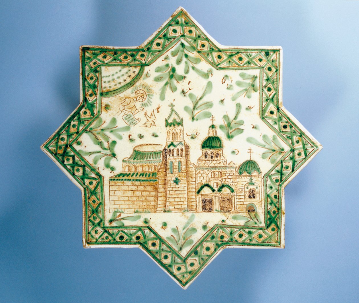 Achtzackige Fliese, die Friedrich II. auf dem Thron darstellt, dekorative Keramik, Alessi-Herstellung, Caltagirone, Sizilien, Italien, 20. Jahrhundert von Italian School
