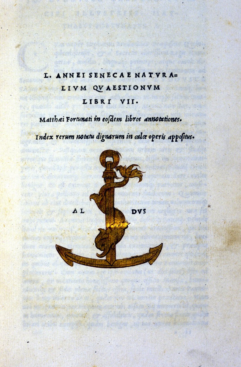 Frontispiz von „Naturalium Questionum Libri VII“ oder „Naturfragen Buch VII“ von Seneca dem Philosophen oder Lucius Annaeus Seneca (2 v. Chr. - 65 n. Chr.), gedruckt 1503 von Aldo Manuzio (Alde Manonce) (1450 - 1515), venezianischer Gelehrter und Drucker von Italian School