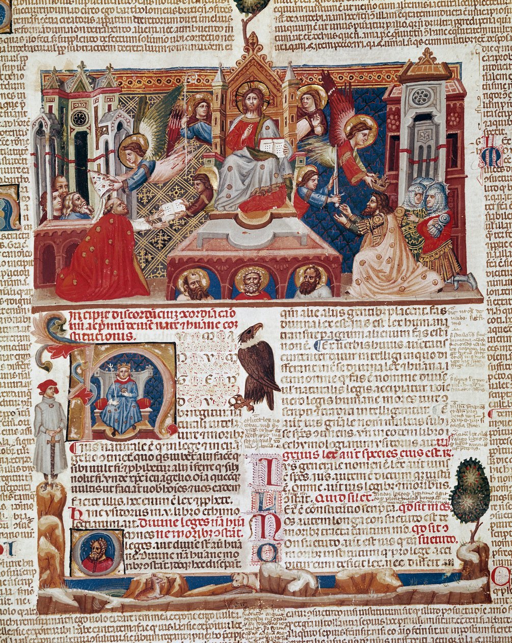Frontispizseite des Manuskripts „Decretum Gratiani“ (Concordia discordantium canonum) von 1140, das die Gesetze und Kanones der römisch-katholischen Kirche regelt. 14. Jahrhundert, Siena, Biblioteca degli Intronati von Italian School