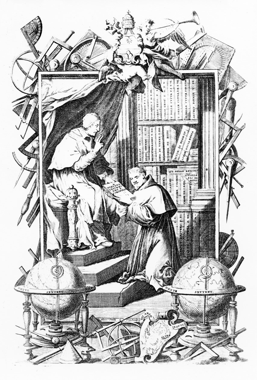 Frontispiz für Biblioteca Universale Sacro-Profana, Band 1 von Vincenzo Coronelli, Druck von Alessandro dalla Via, veröffentlicht 1701 von Italian School