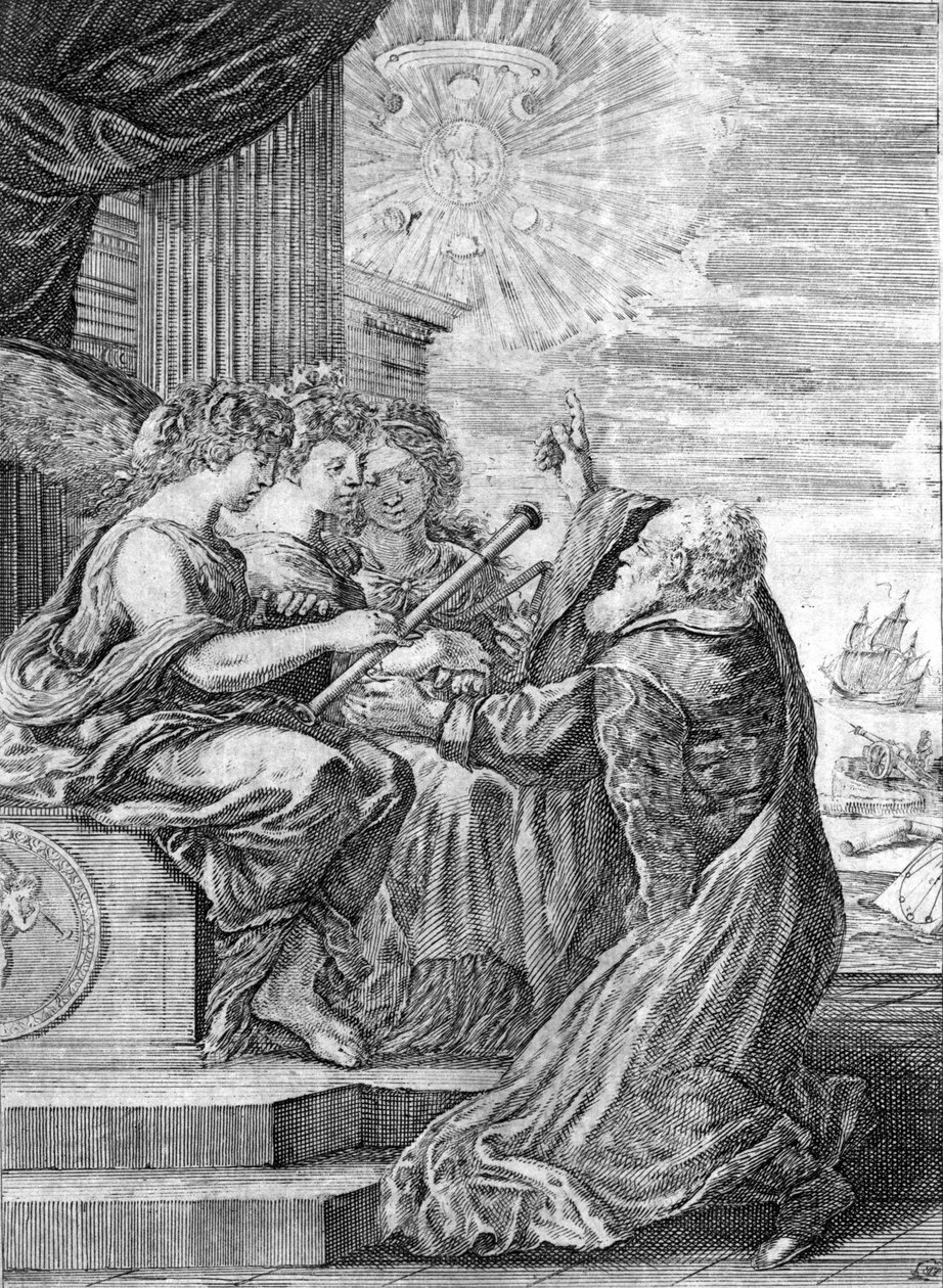 Galileo, Astronom (1564 - 1642), präsentiert das Teleskop den drei Grazien. Mit seiner rechten Hand zeigt er auf den Planeten Jupiter mit seinen von ihm entdeckten Satelliten, die er der Medici-Familie widmete. Frontispiz von „Opere di Galileo“, Bologna von Italian School