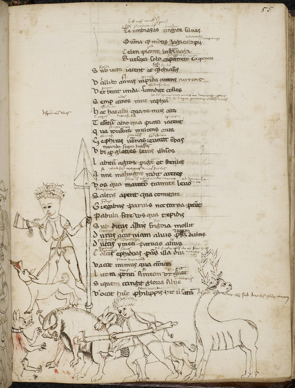 Harley 2453, f.55 Eine Jagdszene mit einem Wildschwein, einem Hirsch, Jägern, Hunden und einem Hasen, aus 
