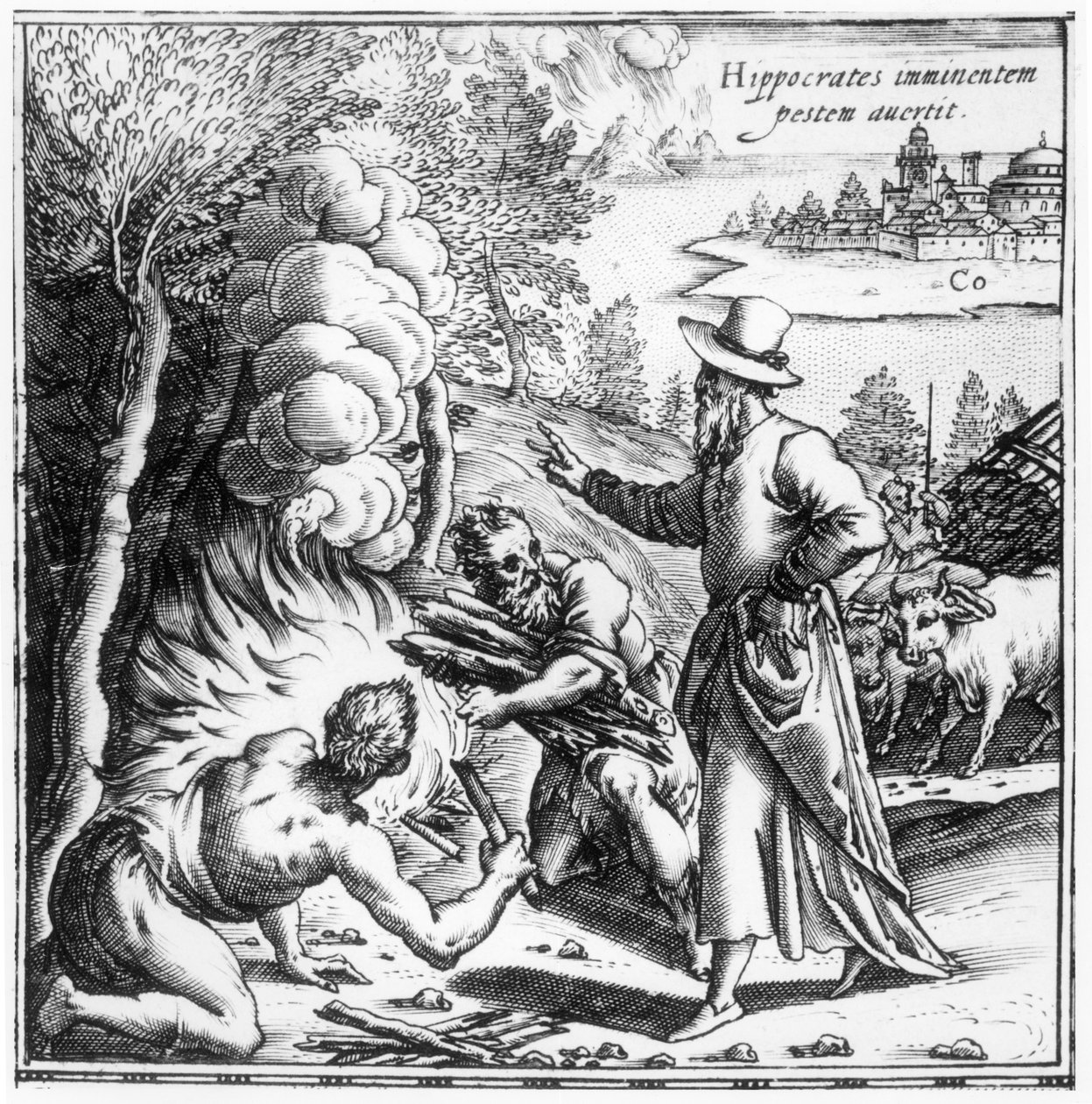 Hippokrates (ca. 460-ca. 377 v. Chr.) erklärt die Bedeutung der Ansteckung bei der Pestepidemie, Titelblatt aus Hippocratis Opera Quae Extant, veröffentlicht in Venedig, 1588 von Italian School