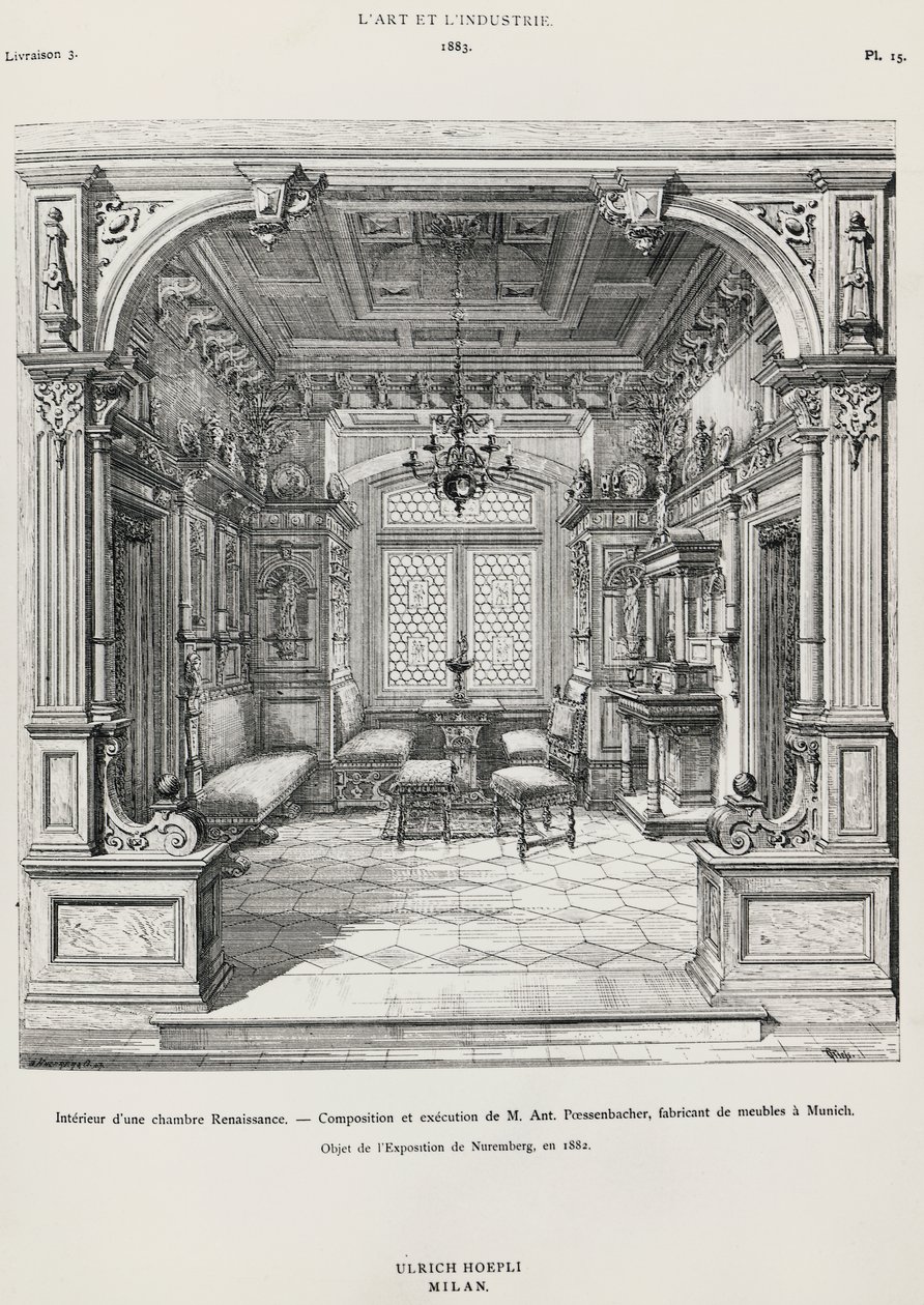 Innenraum eines Schlafzimmers im neorenaissance Stil von Possenbacher, Monaco, Illustration aus L