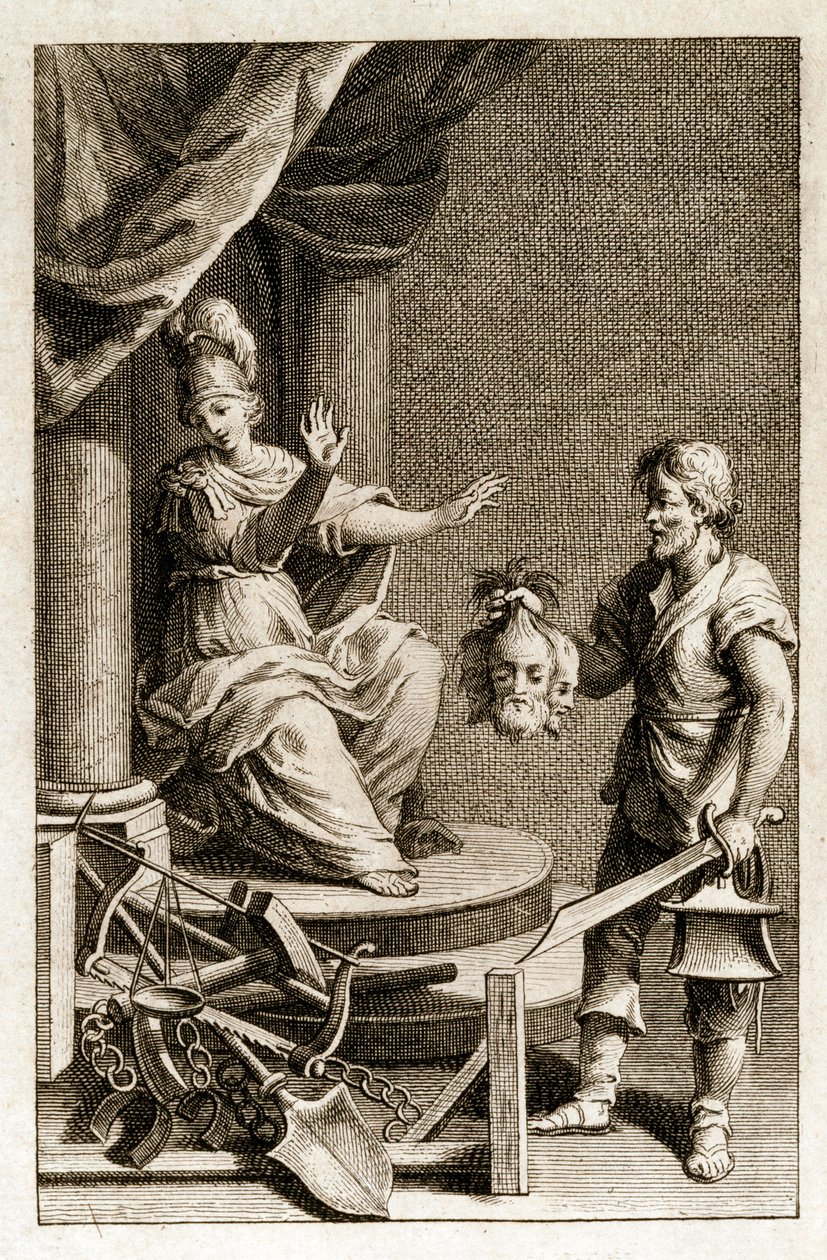 Gerechtigkeit weist den Henker zurück, der die Köpfe der zum Tode Verurteilten präsentiert von Italian School