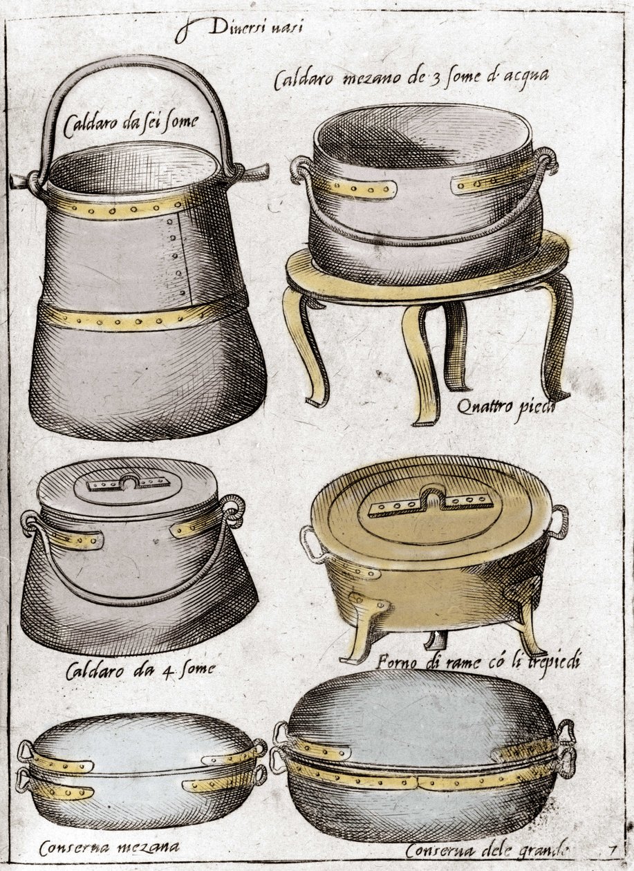 Küchenutensilien: Platte, die verschiedene Arten von Töpfen, Töpfen, Kesseln darstellt. Gravur aus „Opera“, Buch über Gastronomie in 6 Teilen, von Bartolomeo Scappi, persönlicher Koch von Papst Pius V. Venedig von Italian School