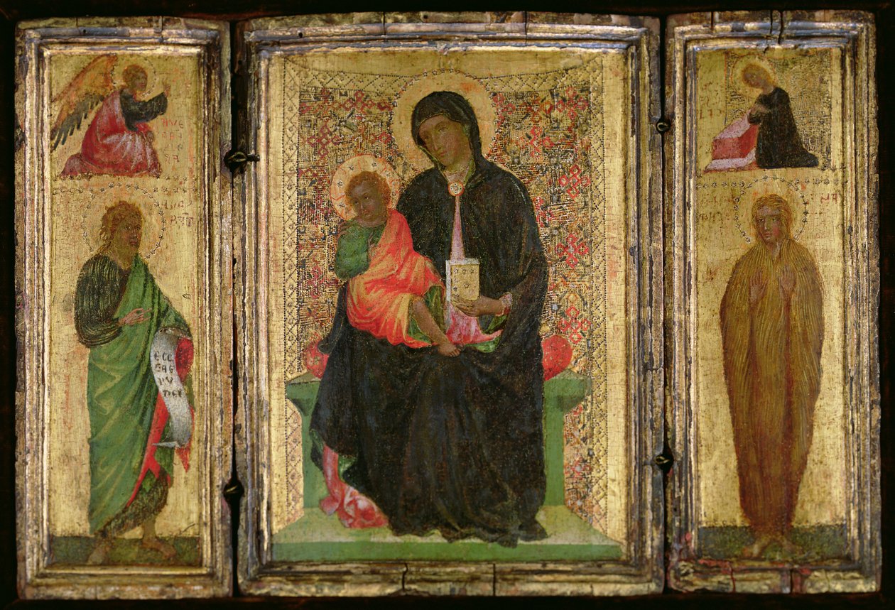 Madonna und Kind auf dem Thron mit (L-R) St. Johannes dem Täufer mit dem Engel der Verkündigung darüber und St. Maria Magdalena mit der Jungfrau der Verkündigung darüber, ca. 1360-70 von Italian School