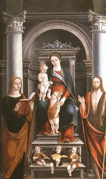 Madonna mit Kind, das eine Rose vom kleinen St. Johannes dem Täufer erhält, mit Heiligen und Engeln von M.B. (Monogramm) von Italian School