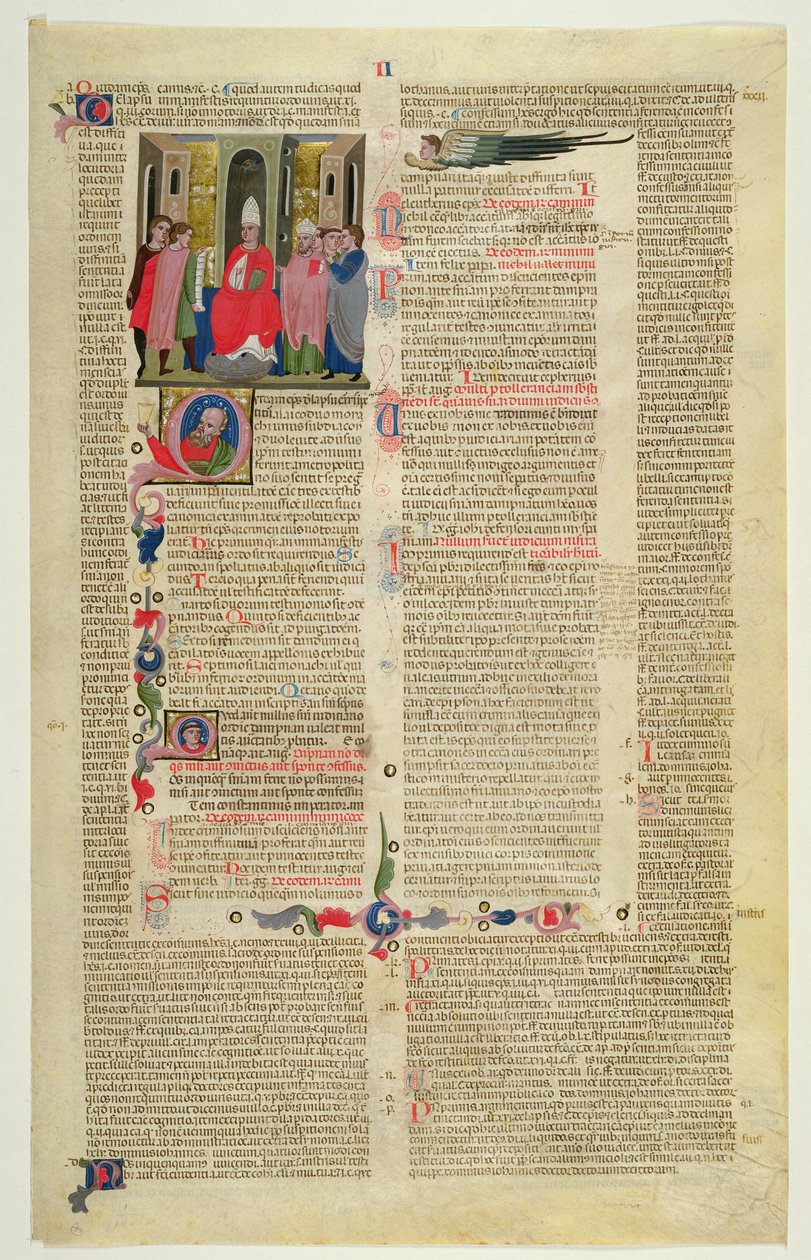 Marlay Cutting IT.3: Blatt mit Miniatur aus Gratians Decretum, das den Fall des Bischofs zeigt, der der fleischlichen Sünde beschuldigt wird von Italian School