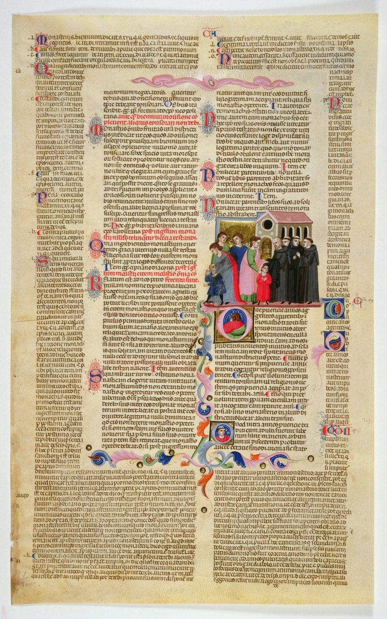 Marlay Cutting IT.9: Blatt mit Miniatur aus Gratians Decretum, das zwei Jungen zeigt, die von ihren Eltern in ein Kloster gebracht werden von Italian School