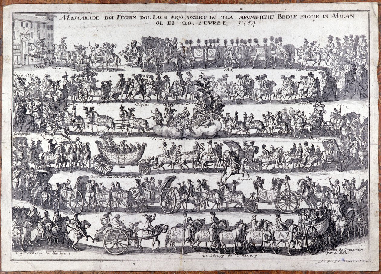 Maskerade: Prozession und Tanz von Maskenmenschen anlässlich des Karnevals. Mailand 20.02.1764 von Italian School