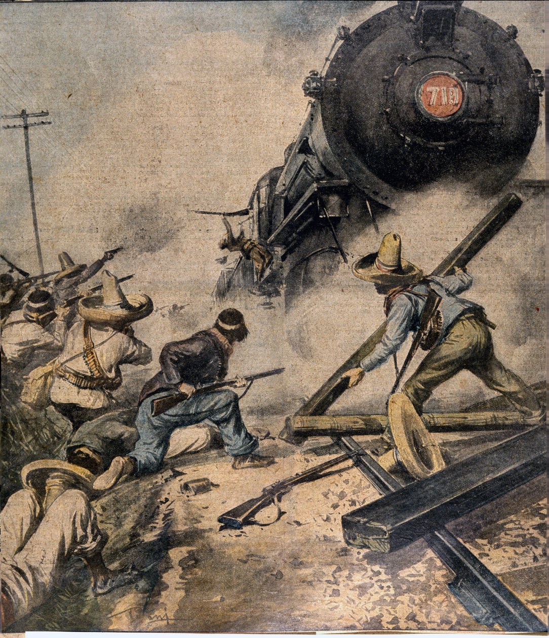 Mexikanische Revolution: die Rebellen stürmen einen Zug, Illustration von Abbo in "L