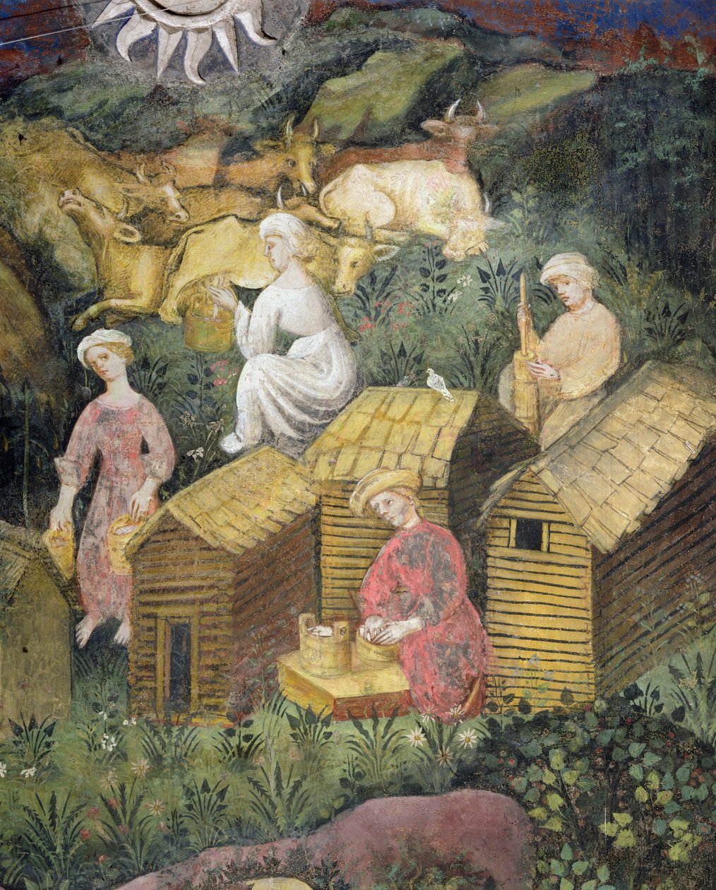 Bergweiden. Kühe melken und Käseherstellung von Italian School