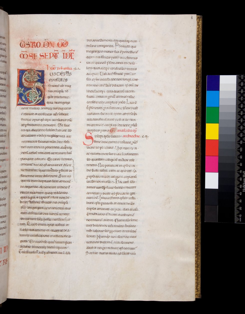 Ms 143. Gregor der Große, Registrum Epistolarum, f.8r. Verzierte Initiale [S] mit weißen Weinlaubfüllungen und Endstücken von Italian School