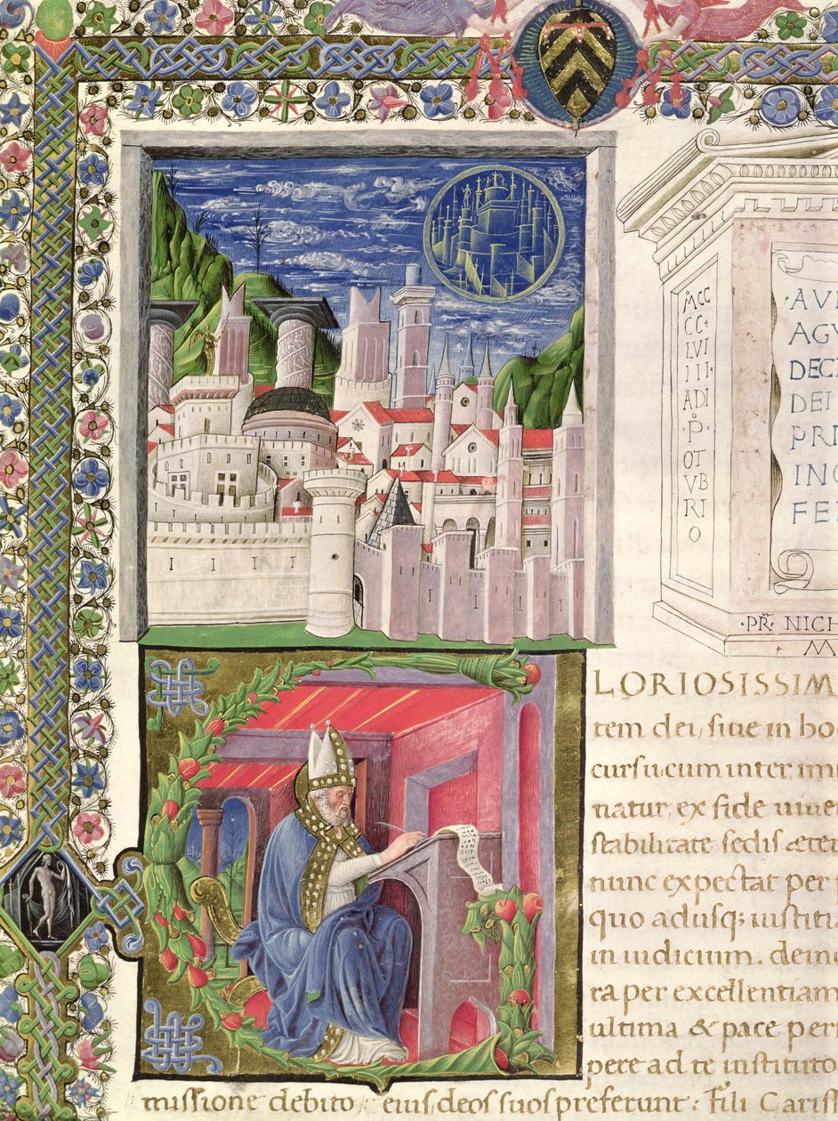 Ms 218 f.2r Blick auf Rom als Stadt Gottes und der heilige Augustinus beim Schreiben, aus 