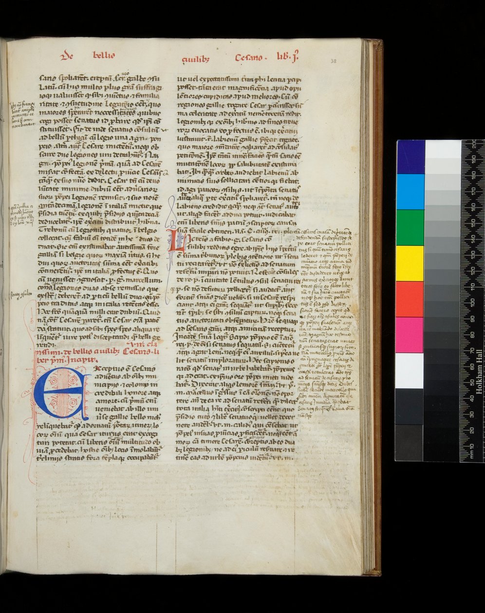 Ms 342. Caesar, Opera, f.38r. Initiale [E] in Blau mit Federverzierungen in Rot von Italian School