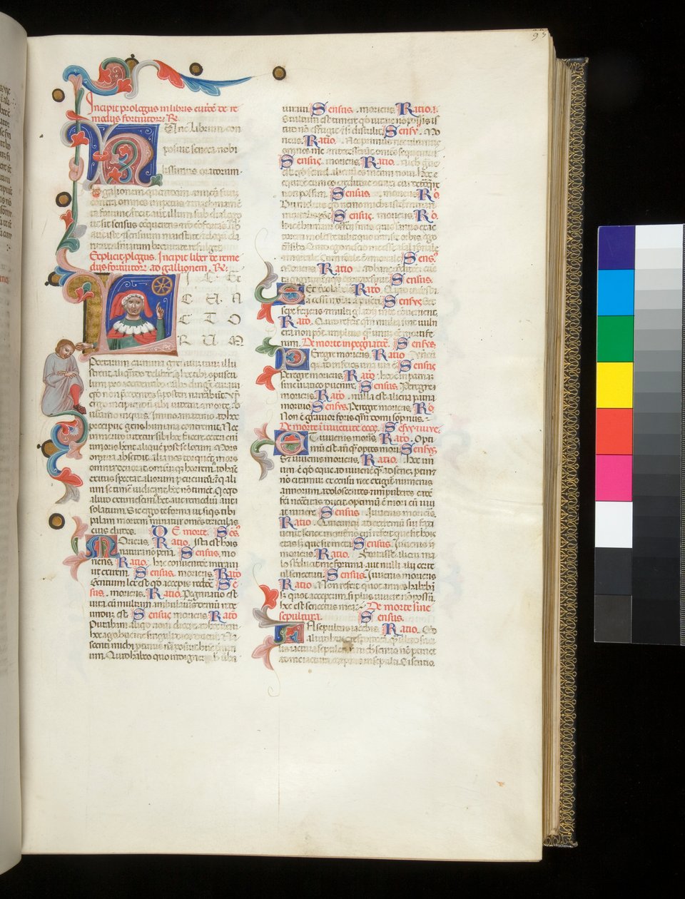 Ms 390. Seneca der Jüngere, Opera, und Seneca der Ältere, Excerpta controversiarum, f.95r. Initiale [L] mit Porträt von Seneca, der auf das Rad des Schicksals und eine niedergeschlagene männliche Figur zeigt von Italian School
