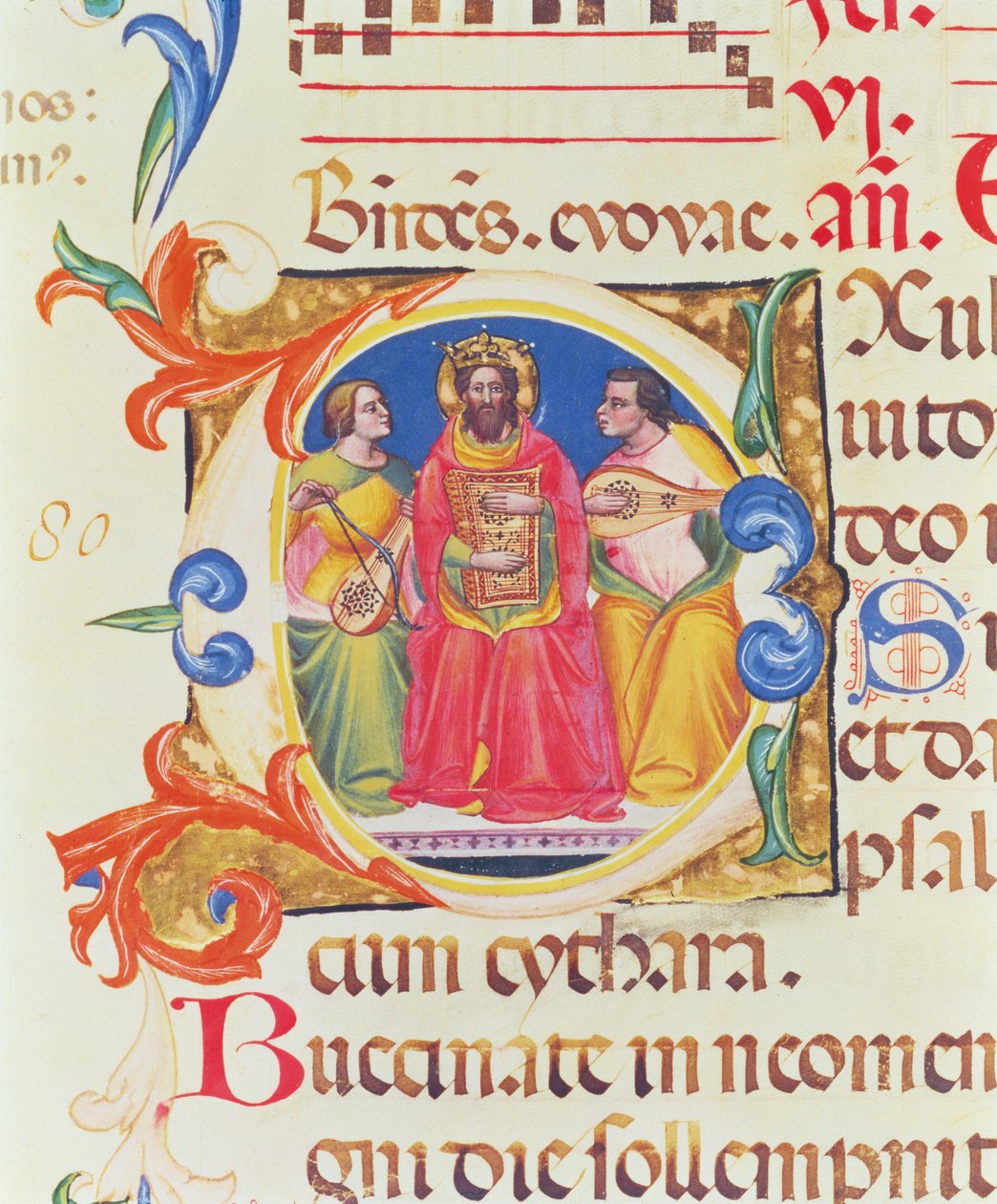 Historiierte Initiale O darstellend König David und zwei Engel, aus dem Psalter von Santa Maria Novella, illuminiert von Paolo Soldini (fl.1342-86) 1379 von Italian School