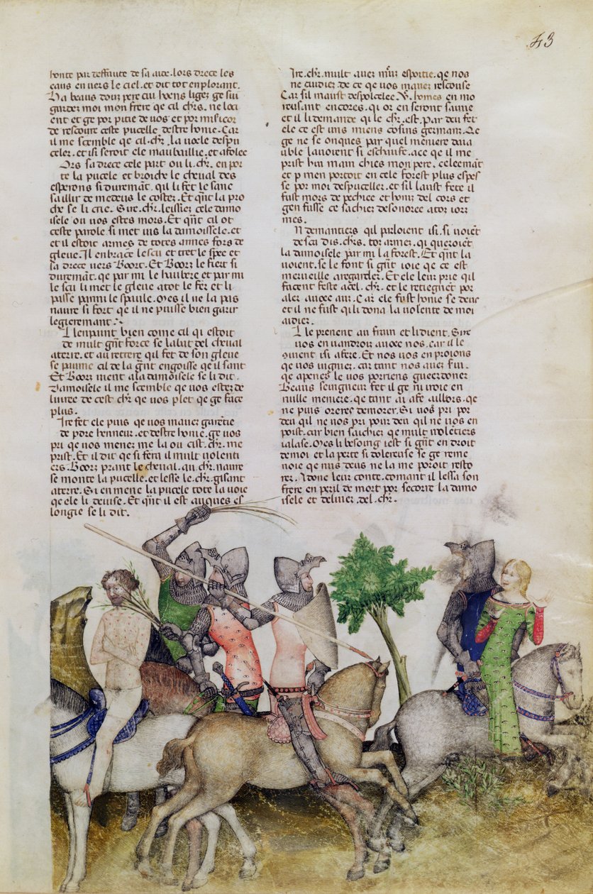 Ein Ritter der Tafelrunde, Sir Bors, muss sich zwischen der Rettung seines Bruders Lionel oder der Rettung einer Jungfrau entscheiden, aus der Queste del Saint Graal, ca. 1380-85 von Italian School