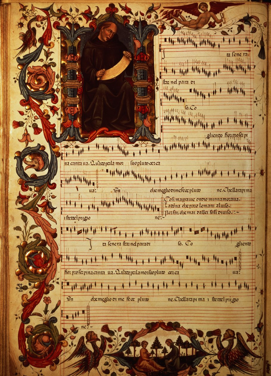 Ms Med. Pal. 87 Seite mit musikalischer Notation und historisierter Initiale, aus dem Squarcialupi-Codex, produziert im Florentiner Kloster S. Maria degli Angeli von Italian School
