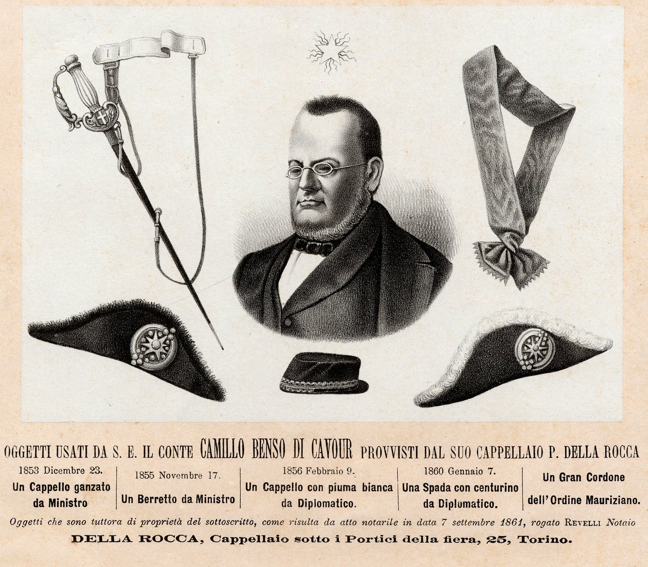 Gegenstände, die von Camillo Benso Graf von Cavour (1810-1861) verwendet wurden - Hüte und Insignien seiner politischen und diplomatischen Funktionen, mit dem großen Band des Ordens der Heiligen Mauritius und Lazarus (Ordine dei Santi Maurizio e Lazzaro) - von Italian School