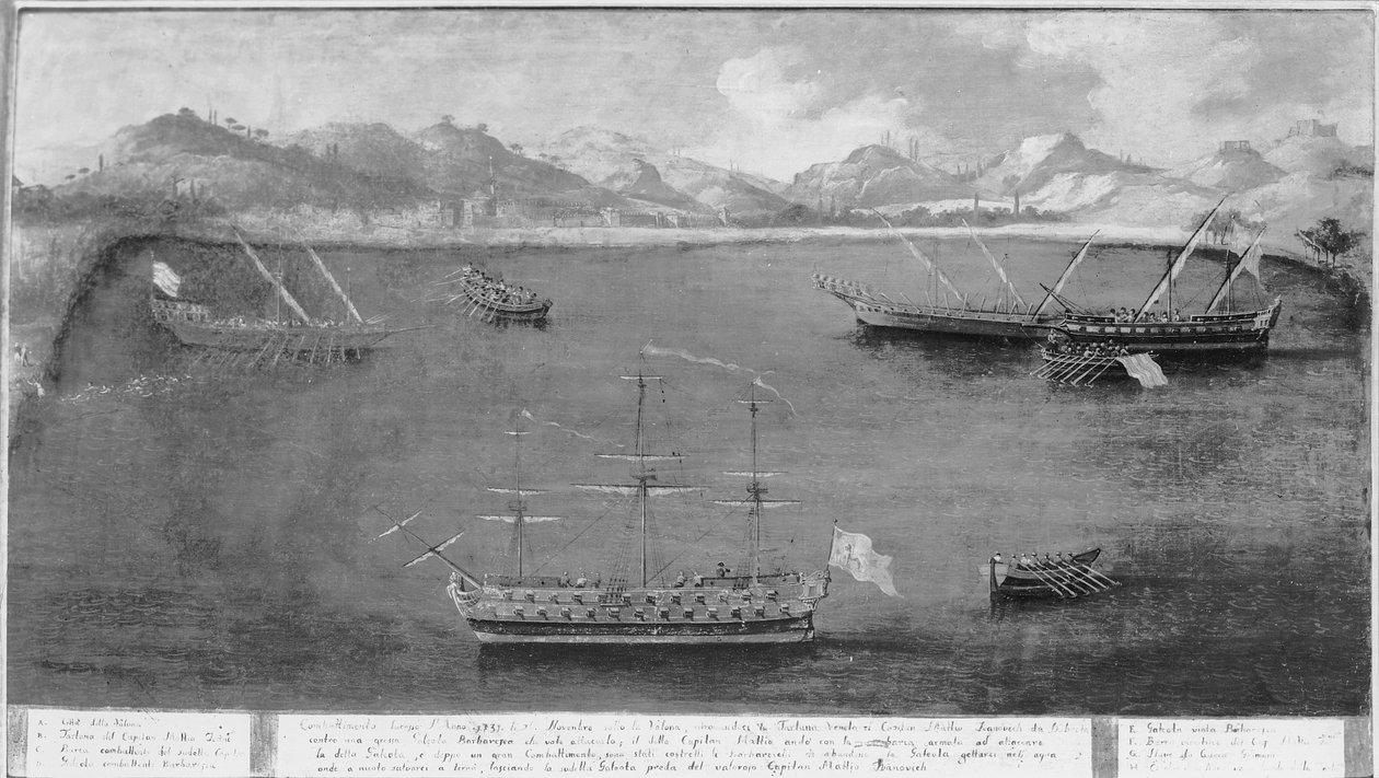 Eine der Marine-Exploits des berühmten Seemanns Mattio Ivanovich da Dobrota, ca. 1730 von Italian School