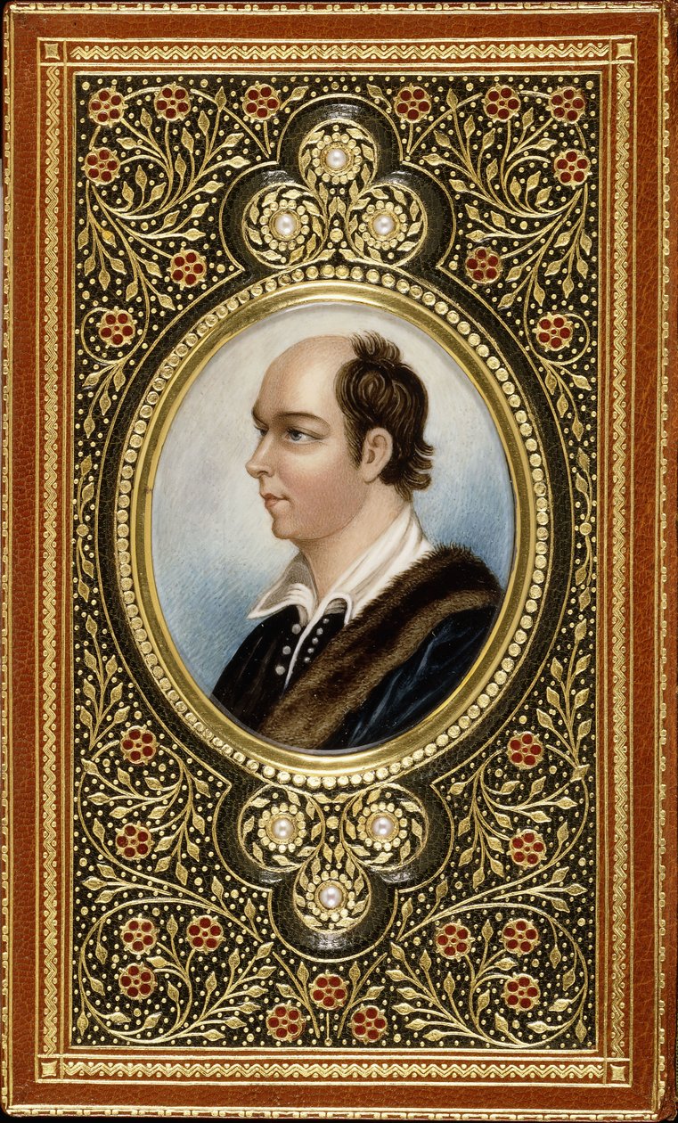 Ovales Miniaturporträt von Oliver Goldsmith, gerahmt mit vergoldeten Kleeblättern und drei Perlen, 1831 von Italian School