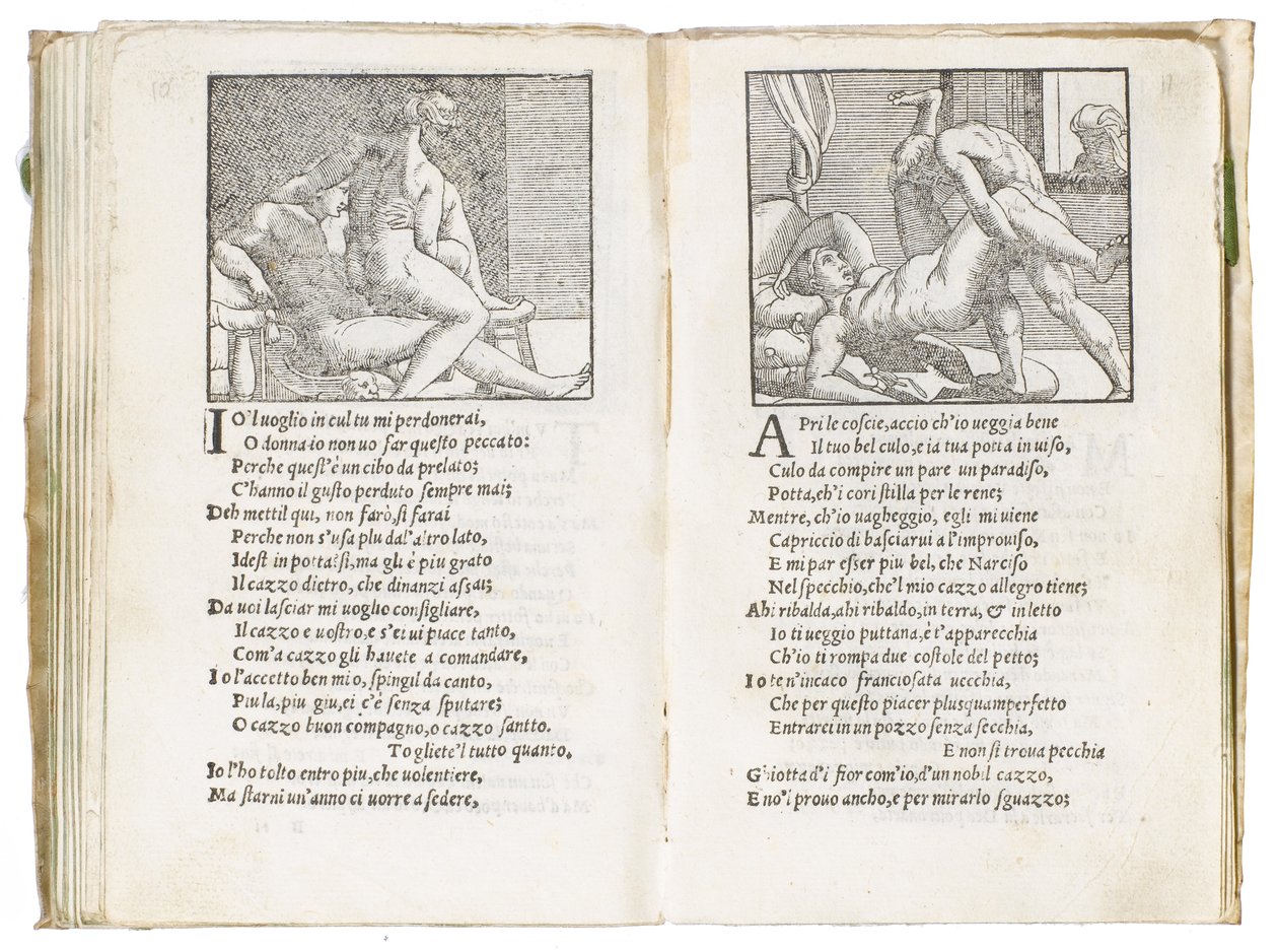 Seite aus "Sonetti Lussuriosi" von Pietro Aretino, illustriert von Giulio Romano und graviert von Marcantonio Raimondi, veröffentlicht in Venedig, ca. 1527 von Italian School