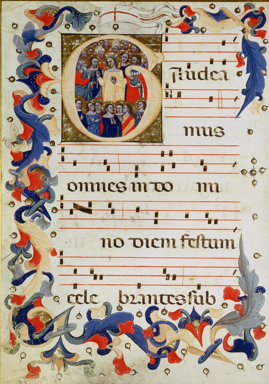Seite mit musikalischer Notation und einer historisierten Initiale G, die eine Gruppe von Heiligen mit St. Ursula in der Mitte zeigt, Bologneser Schule von Italian School