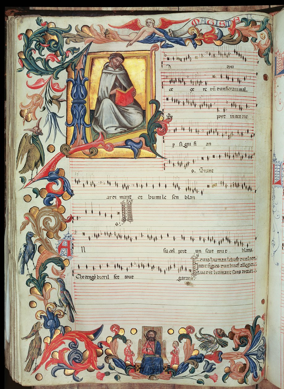 Seite mit musikalischer Notation und historisiertem Initial, aus dem Squarcialupi-Codex, produziert im Florentiner Kloster S. Maria degli Angeli von Italian School