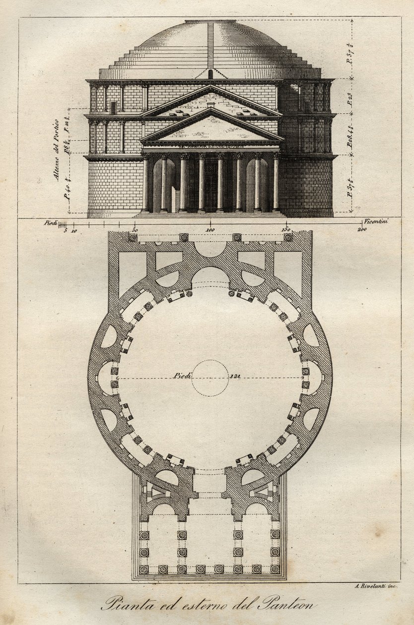 Pantheon von Rom, fertiggestellt um ca. 125 n. Chr. unter der Herrschaft von Hadrian - Gravur aus „Usi e Costumi di Tutti i Popoli dell