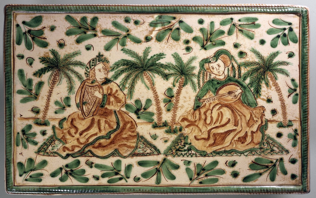 Teller mit Musikern im Palmengarten, Dekoration inspiriert von der Zeit Friedrichs II., dekorative Keramik, 30 cm, Alessi Herstellung, Caltagirone, Sizilien, Italien, 20. Jahrhundert von Italian School