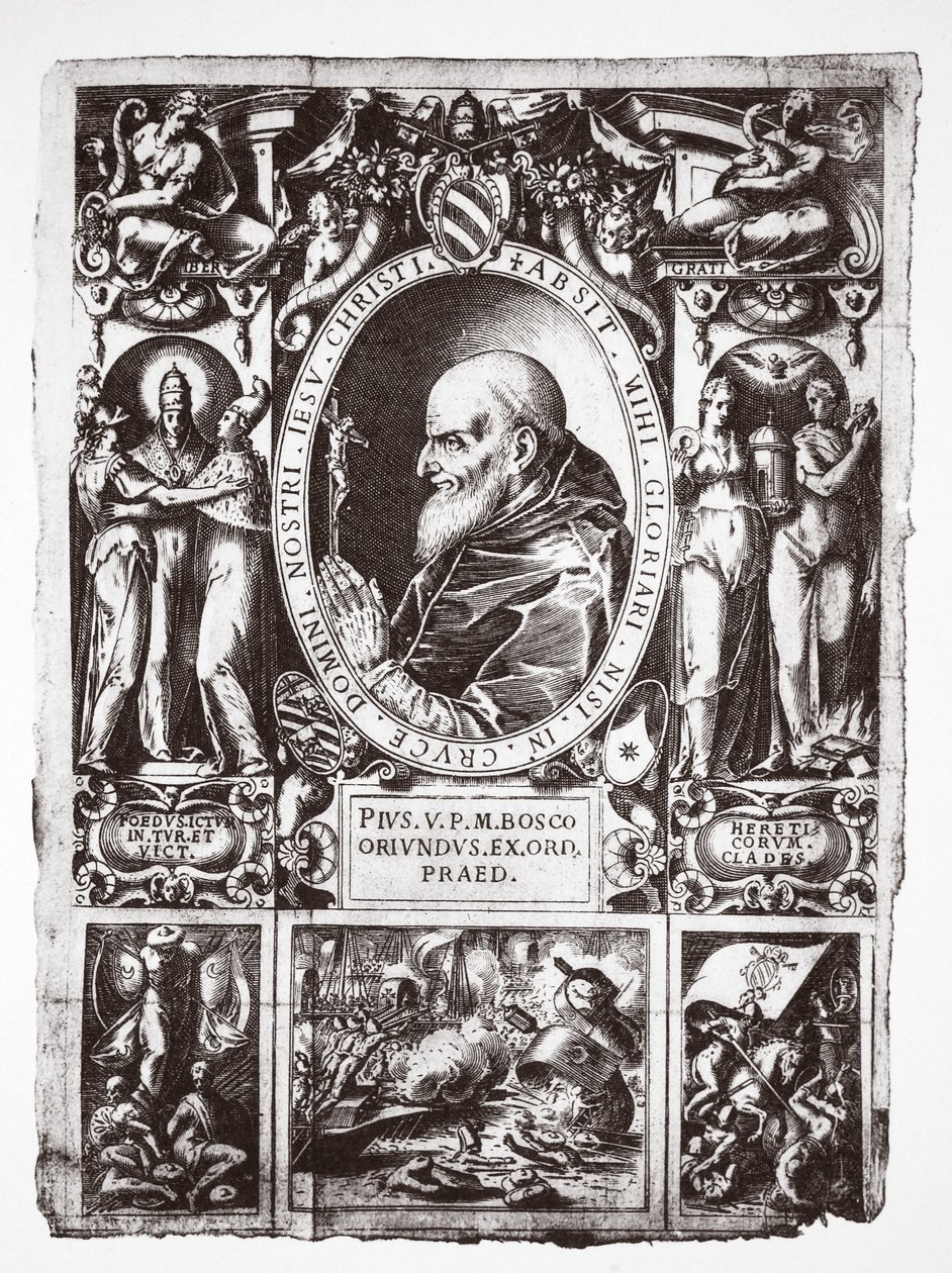 Papst Pius V., mit Vignetten der Schlacht von Lepanto, aus Vita del Gloriosissimo Papa Pio Quinto, veröffentlicht 1586 von Italian School