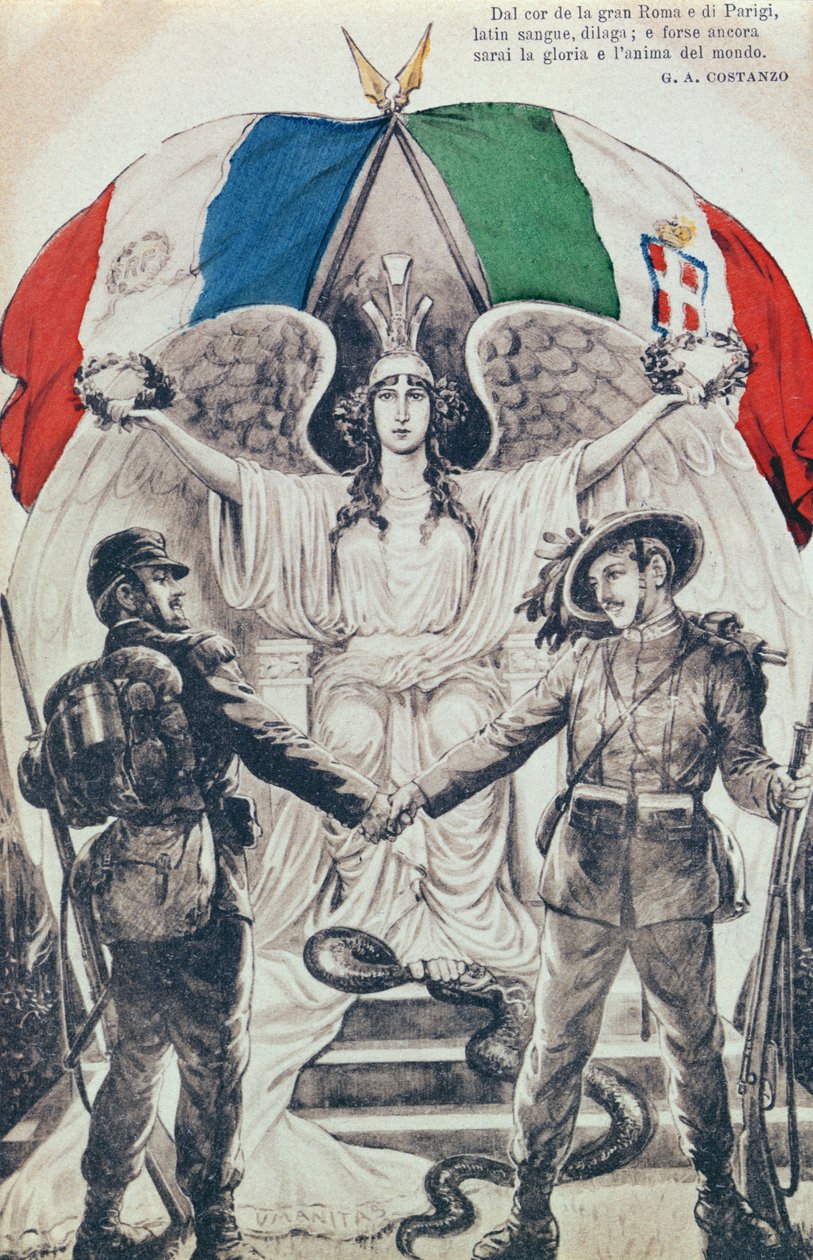 Postkarte zur Feier des Bündnisses zwischen Frankreich und Italien während des Ersten Weltkriegs von Italian School