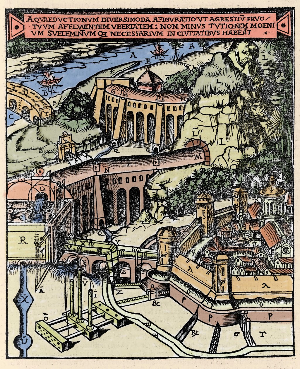 Darstellung eines Aquädukts. Farbige Gravur aus „De Architectura“ von Vitruv (1. Jahrhundert v. Chr.) - Ausgabe von Gottardo da Ponte, Como von Italian School