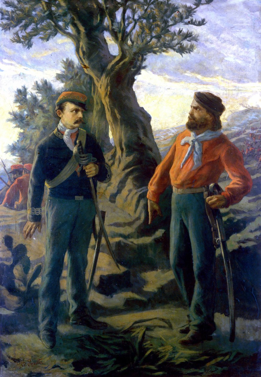 Risorgimento: Gerolamo Bixio genannt Nino Bixio (1821-1873) und Giuseppe Garibaldi (1807-1882) in der Schlacht von Calatafimi in Sizilien am 15.05.1860. Garibaldi verkündet Bixio, der vorschlägt, sich zurückzuziehen: „Was sagst du, Bixio? Hier bauen wir It von Italian School