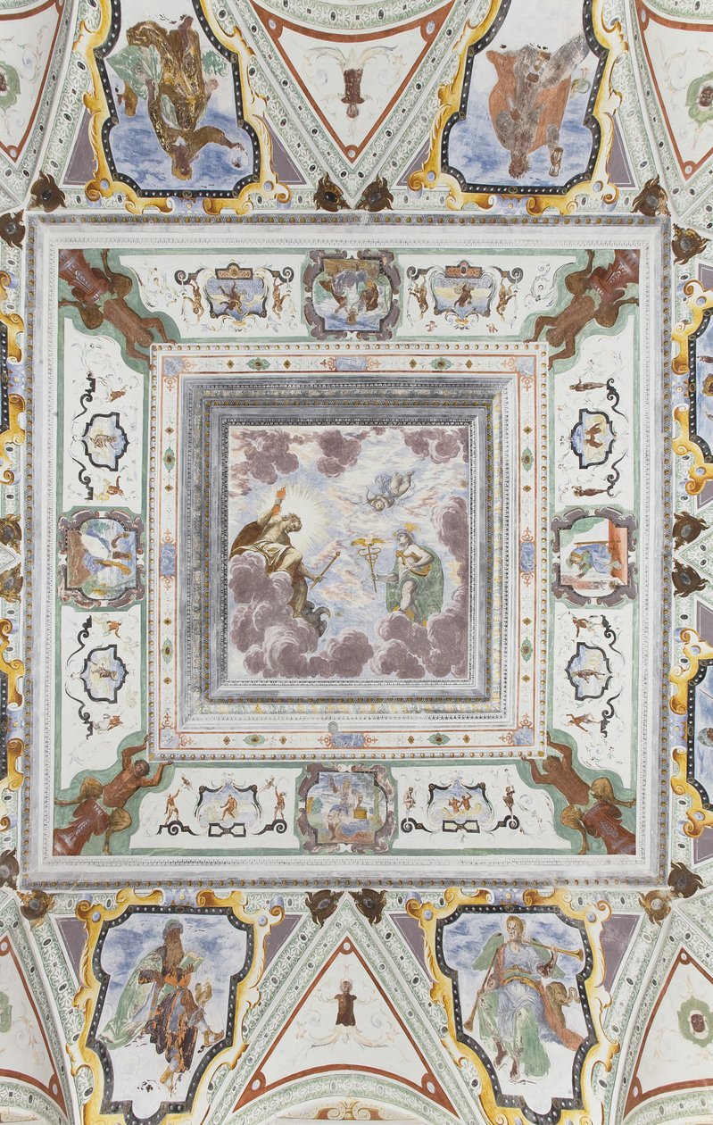 Raum des Jupiter und Merkur: Jupiter, Merkur und Amor, umgeben von den vier Jahreszeiten von Italian School