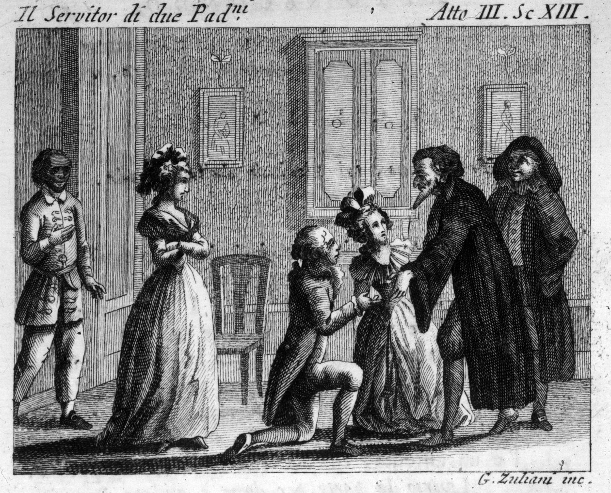 Szene 13 des dritten Akts des Lustspiels „Arlecchino servitore di due padroni“ (Harlekin Diener zweier Herren) (1745) von Carlo Goldoni (1707-1793). Gravur des 18. Jahrhunderts von Italian School