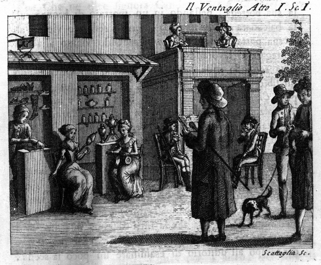 Szene 1 des ersten Aktes des Lustspiels „Der Fächer“ von Italian School