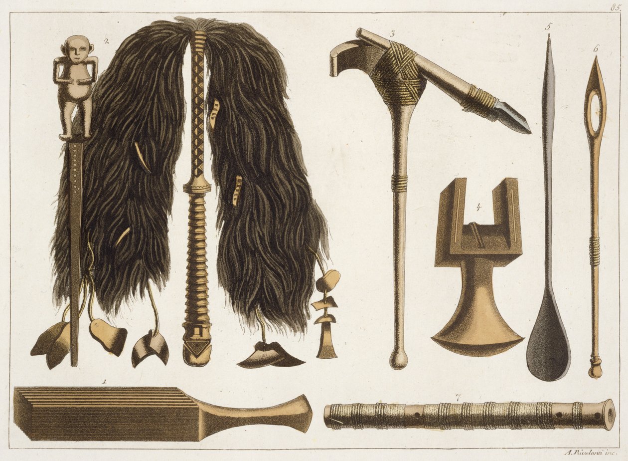Tahitianische Werkzeuge und Zeremonialinstrumente, Illustration aus einer Sammlung von Reisebüchern des frühen 19. Jahrhunderts von Italian School
